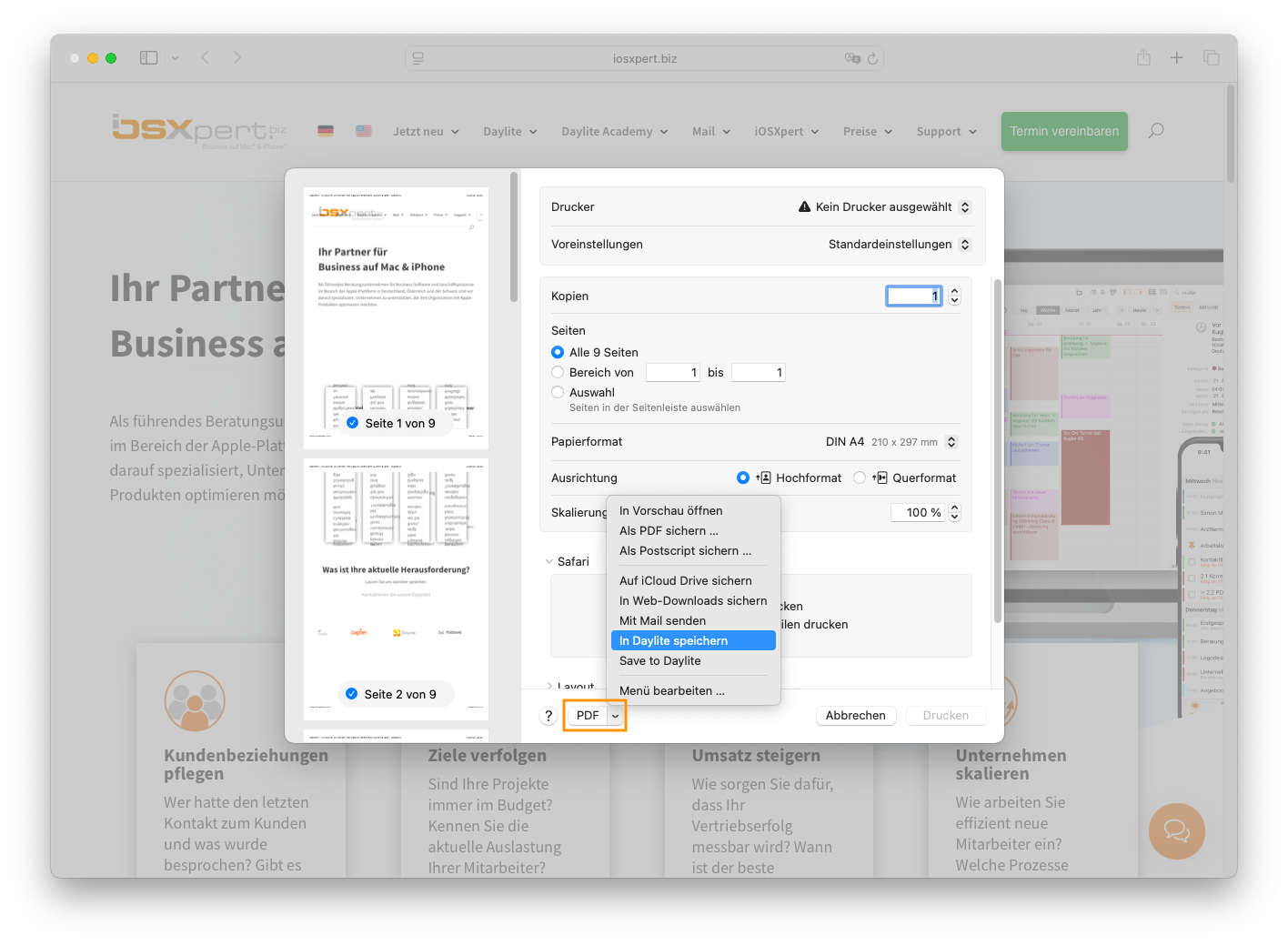 Docs2Daylite im macOS Druckmenü