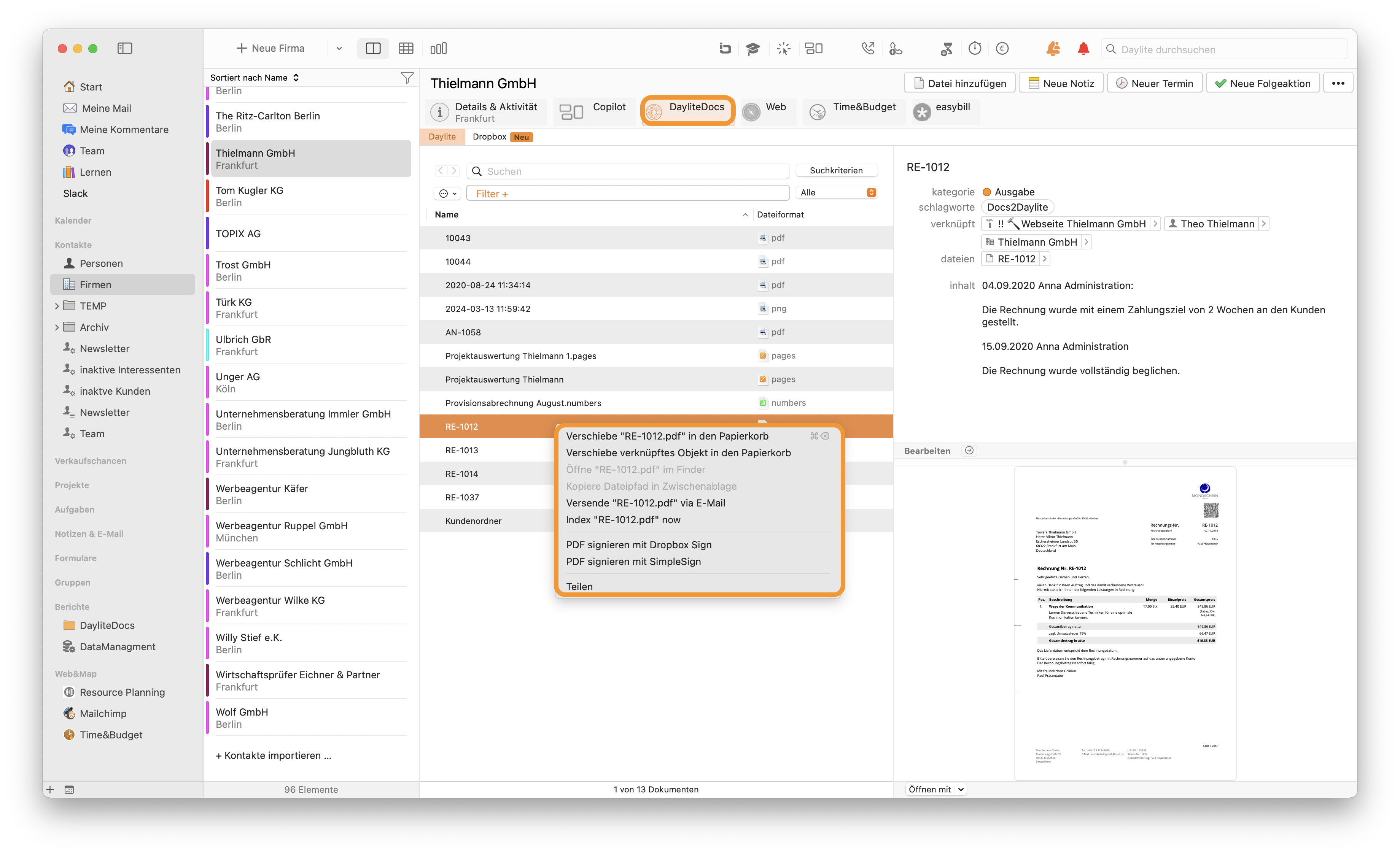 Kontextmenü im DayliteDocs Tab
