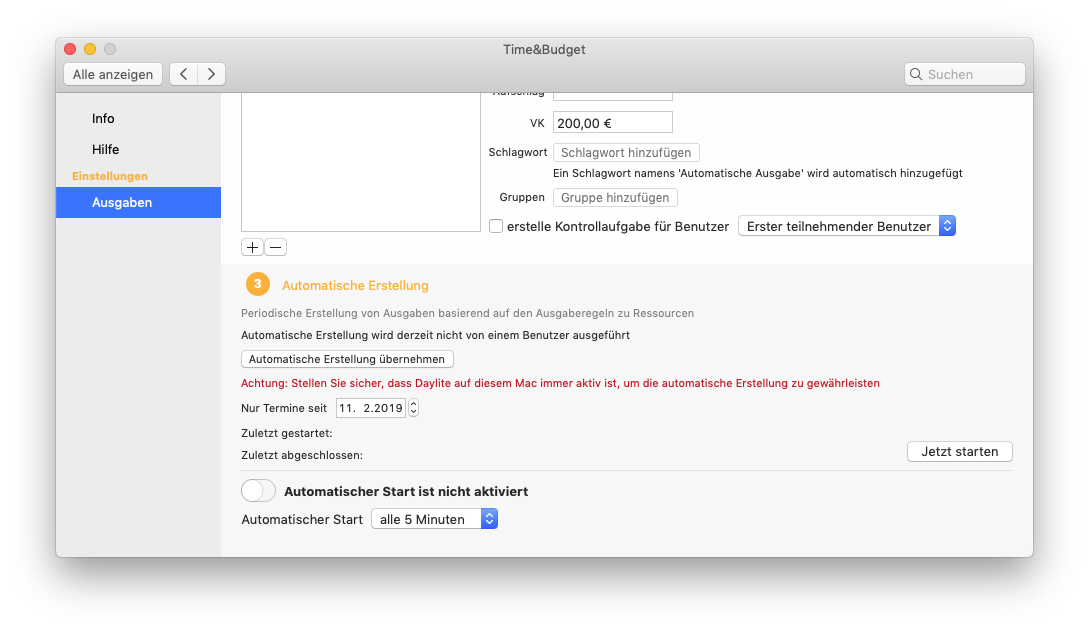 Automatic expense creation