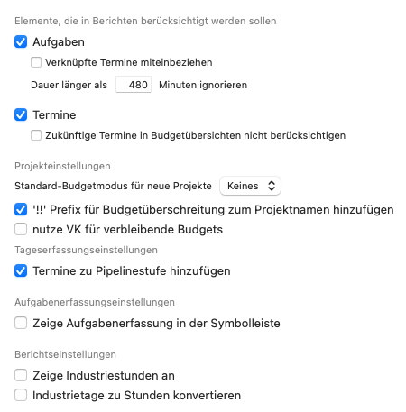 Reporting preferences: enable tasks and appointments